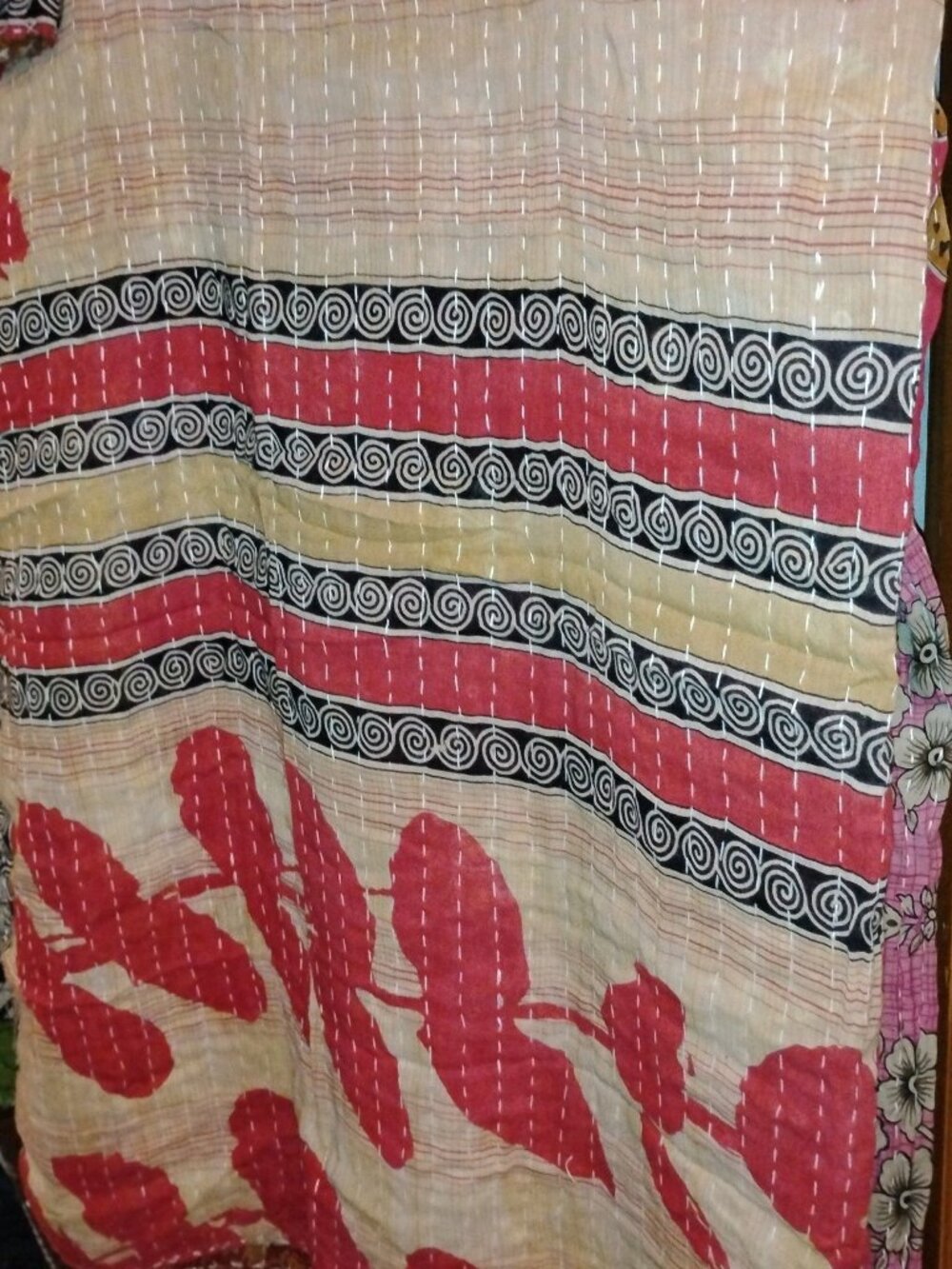 Kantha Quilt Tan Red 3 Layer Premium Soft Cotton Handmade In India New K185.